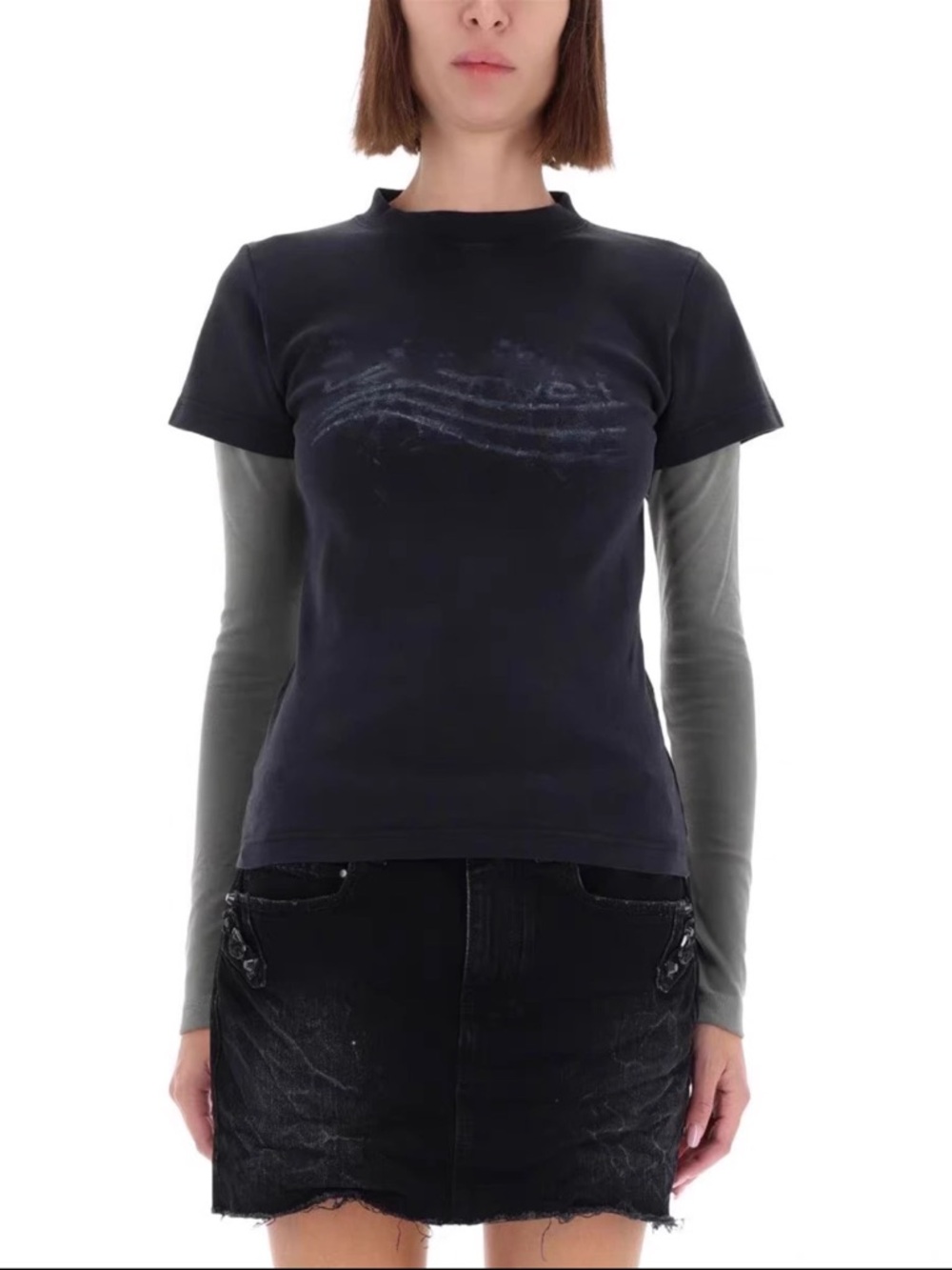 Balenciaga Black Short-Sleeve Tee with Gray Built-In Sleeve Detail